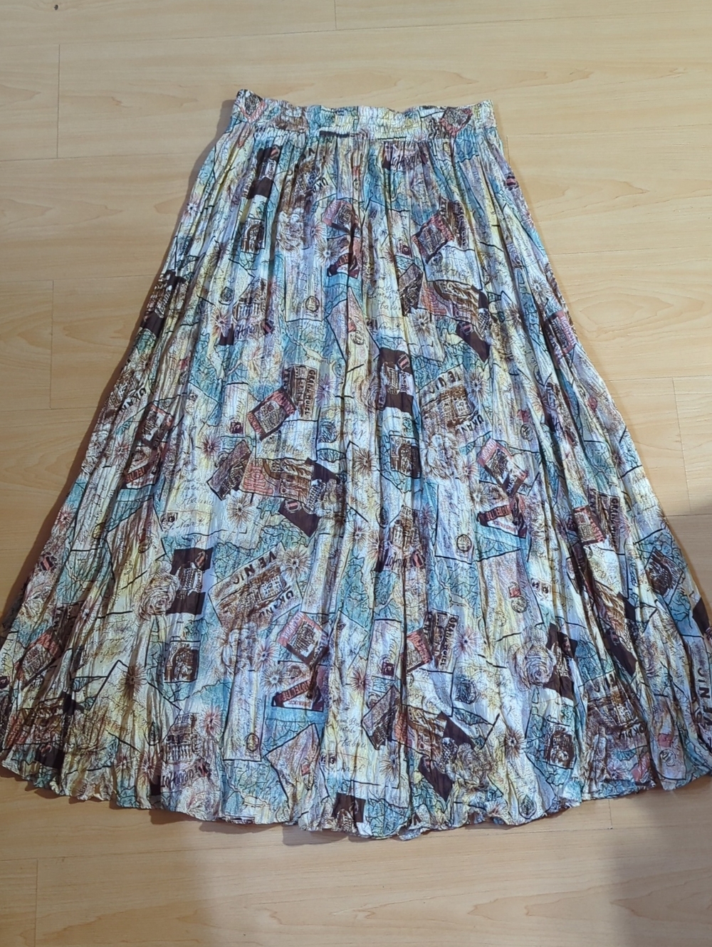 Vintage SILK pleated crinkle novelty print maxi skirt 100% silk Large